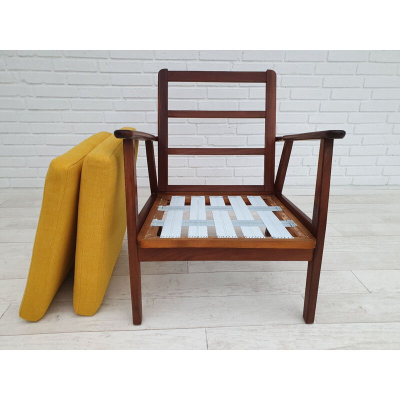 Vintage yellow Danish armchair in solid teak wood, 1970s