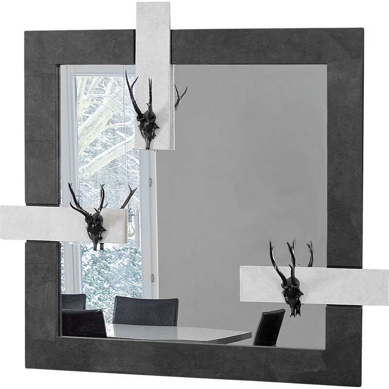 Vintage Mirror with 3 deer antlers and wooden frame