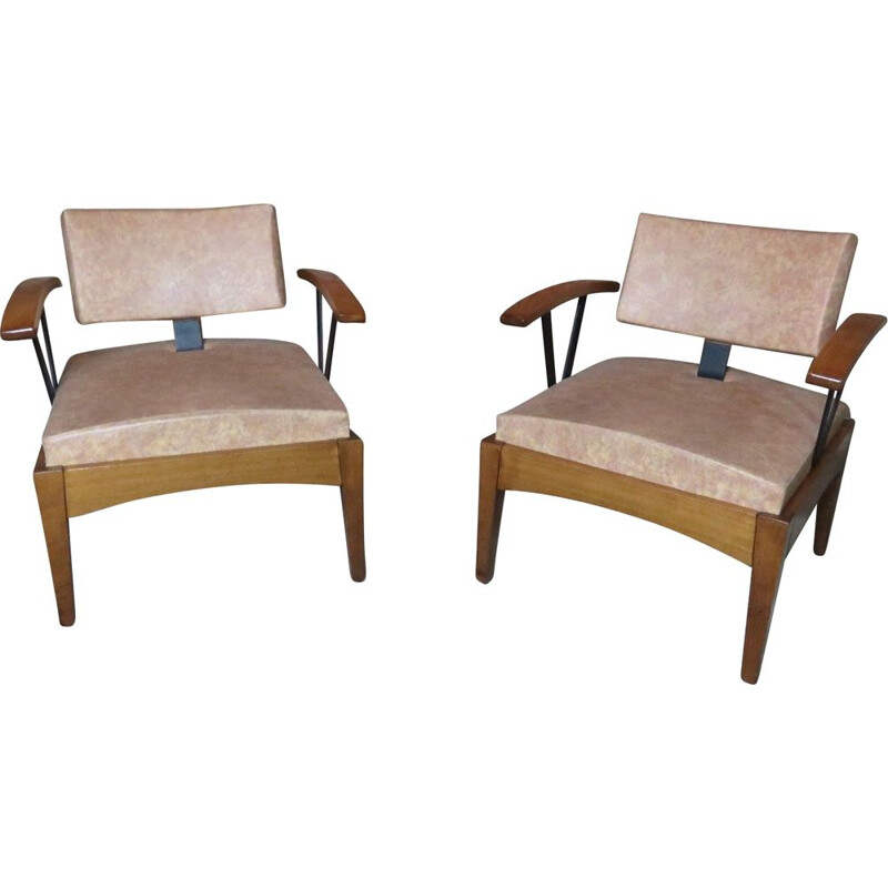 Pair of Baumann Armchairs in beech and skai 1980