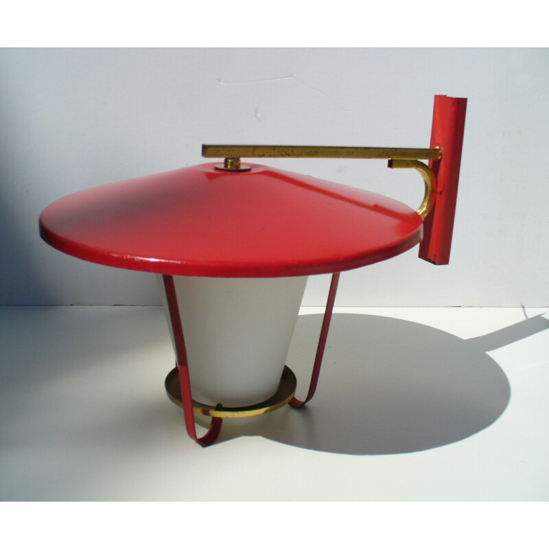 Stilnovo red lacquered, glass and brass wall light - 1950s