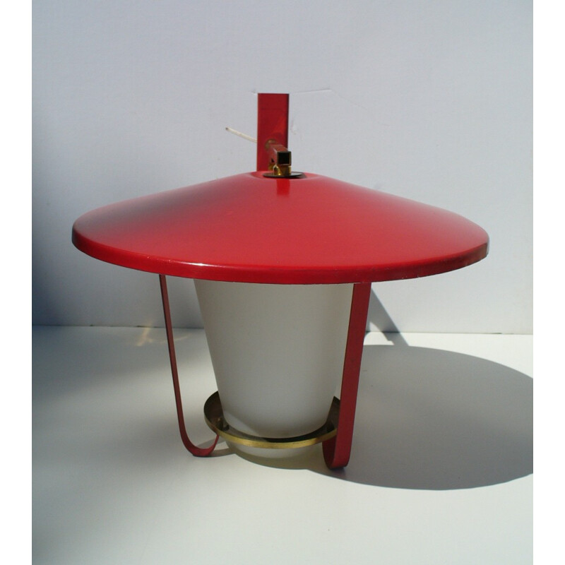 Applique Stilnovo en métal laqué rouge, verre et laiton - 1950
