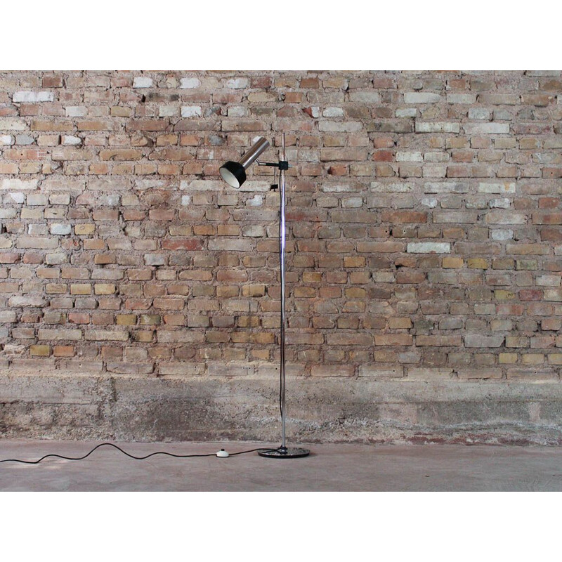 Vintage floor lamp on chrome-plated base with black shade by Staff Leuchten, 1970s