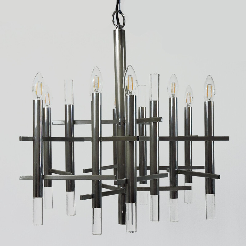 Vintage Chrome and Lucite Chandelier by Gaetano Sciolari, 1970s