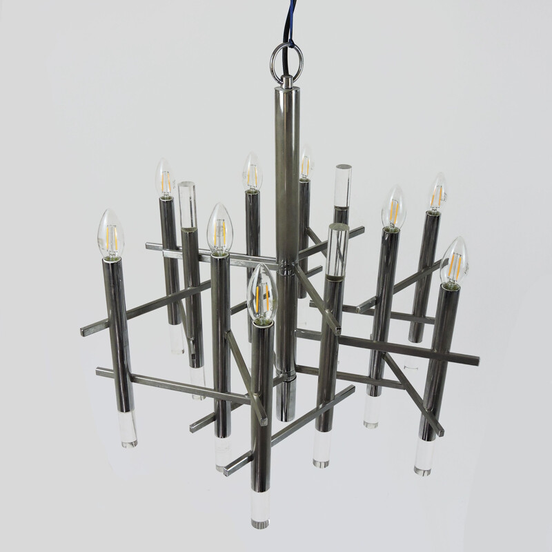 Vintage Chrome and Lucite Chandelier by Gaetano Sciolari, 1970s