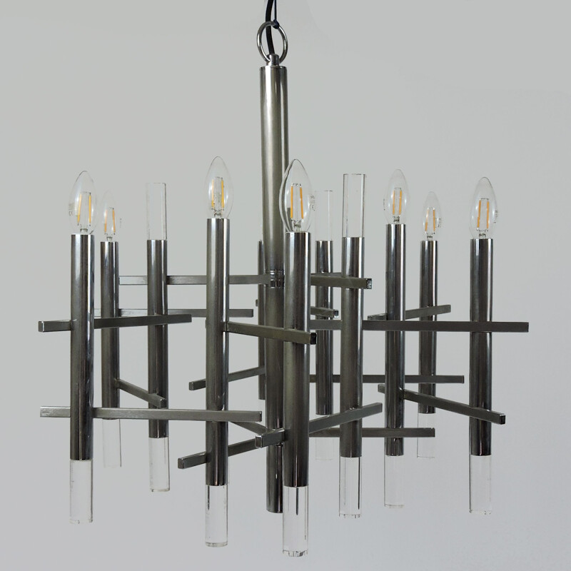 Vintage Chrome and Lucite Chandelier by Gaetano Sciolari, 1970s