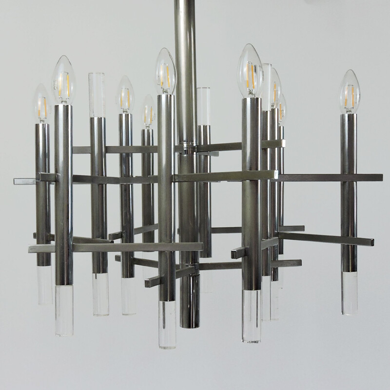 Vintage Chrome and Lucite Chandelier by Gaetano Sciolari, 1970s