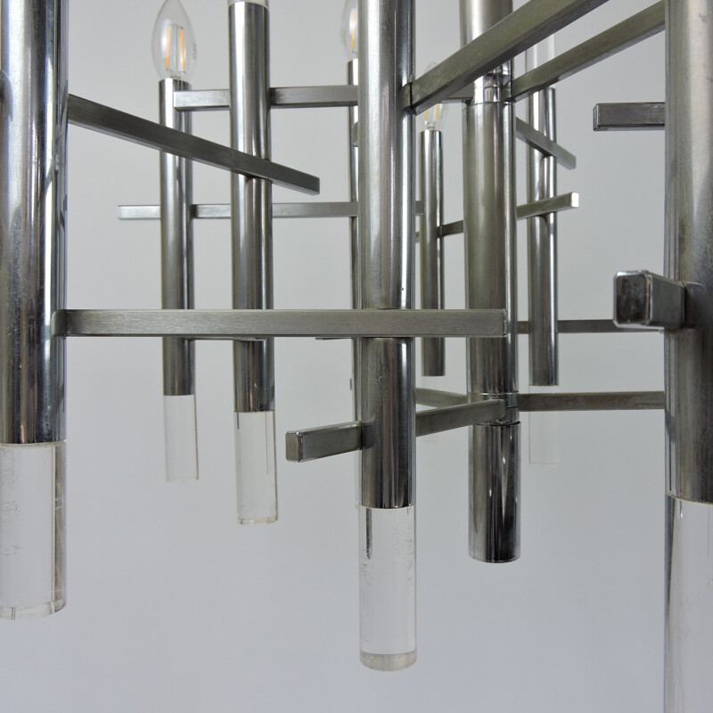 Lampadario vintage in cromo e lucite di Gaetano Sciolari, 1970