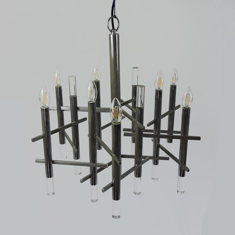 Vintage Chrome and Lucite Chandelier by Gaetano Sciolari, 1970s