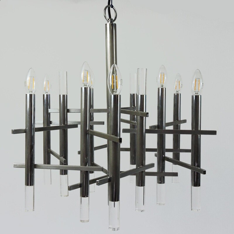 Vintage Chrome and Lucite Chandelier by Gaetano Sciolari, 1970s