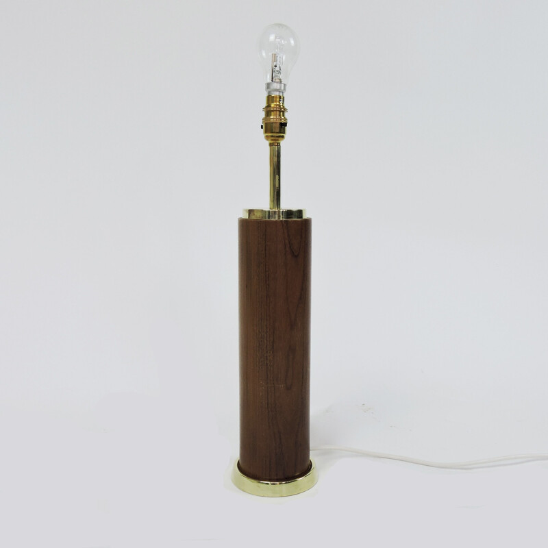 Lampe de bureau cylindrique vintage en teck et laiton, 1960