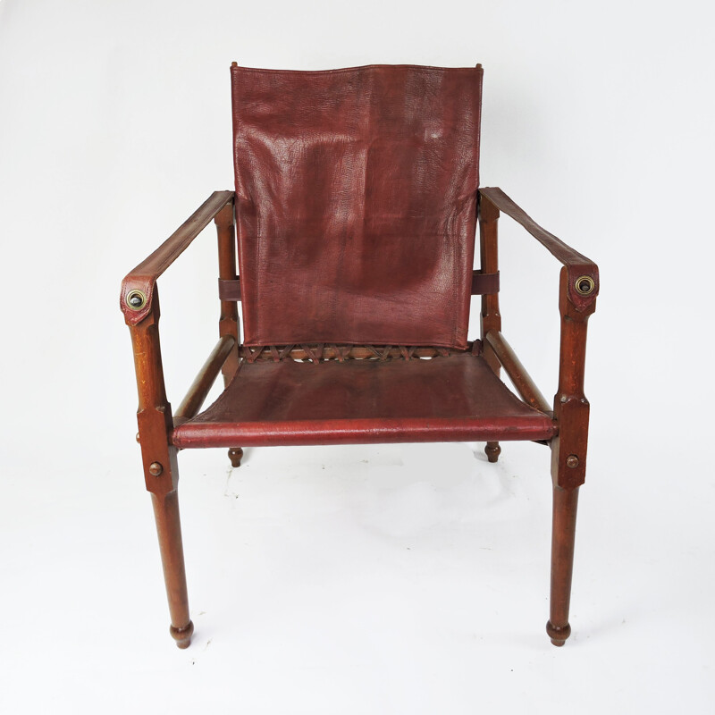 Vintage Leather and Wood Safari armchair, 1930s