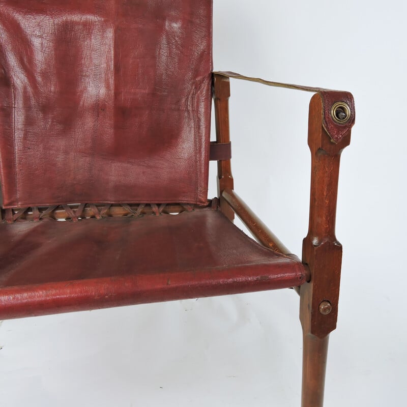 Vintage Leather and Wood Safari armchair, 1930s