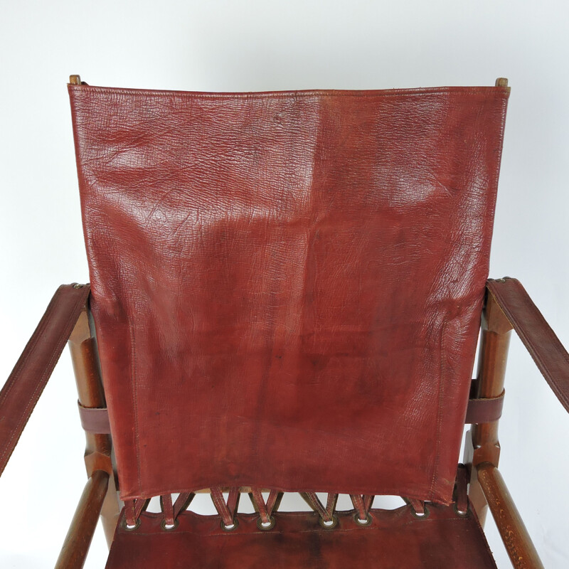 Fauteuil Safari vintage en cuir et bois, 1930