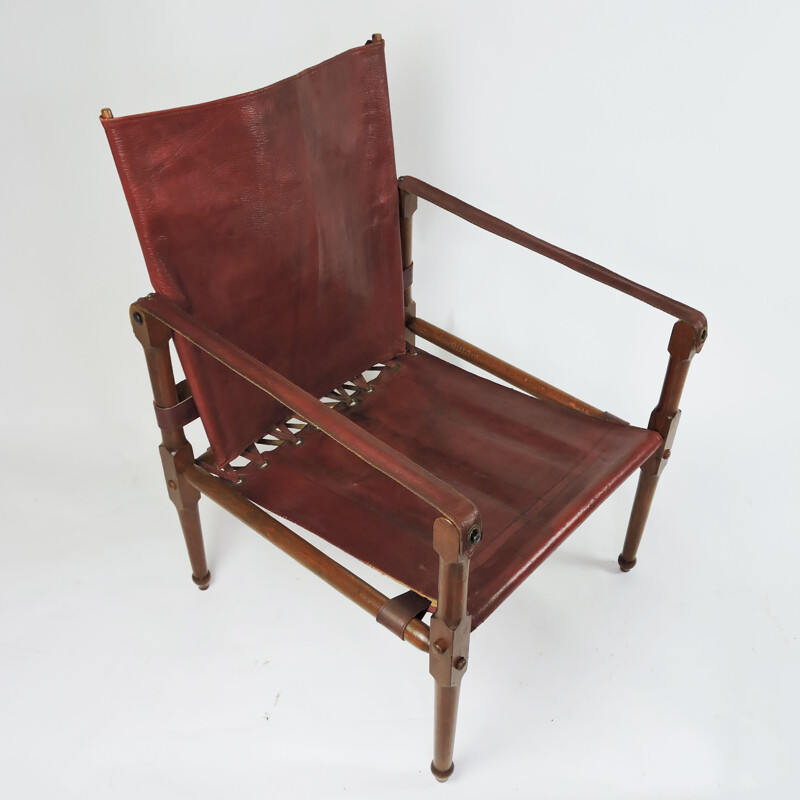 Vintage Leather and Wood Safari armchair, 1930s