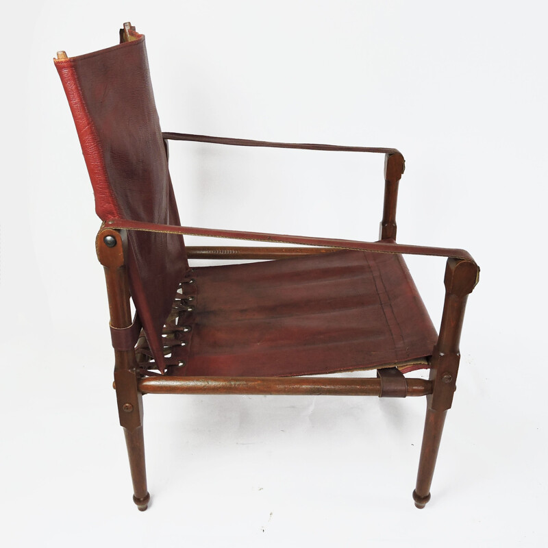 Fauteuil Safari vintage en cuir et bois, 1930