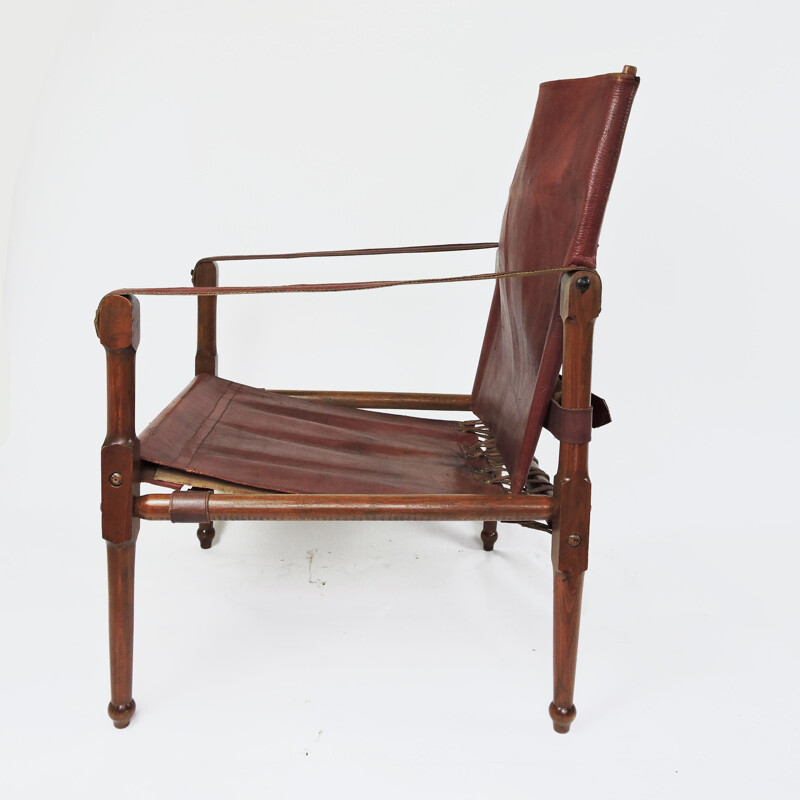 Vintage Leather and Wood Safari armchair, 1930s