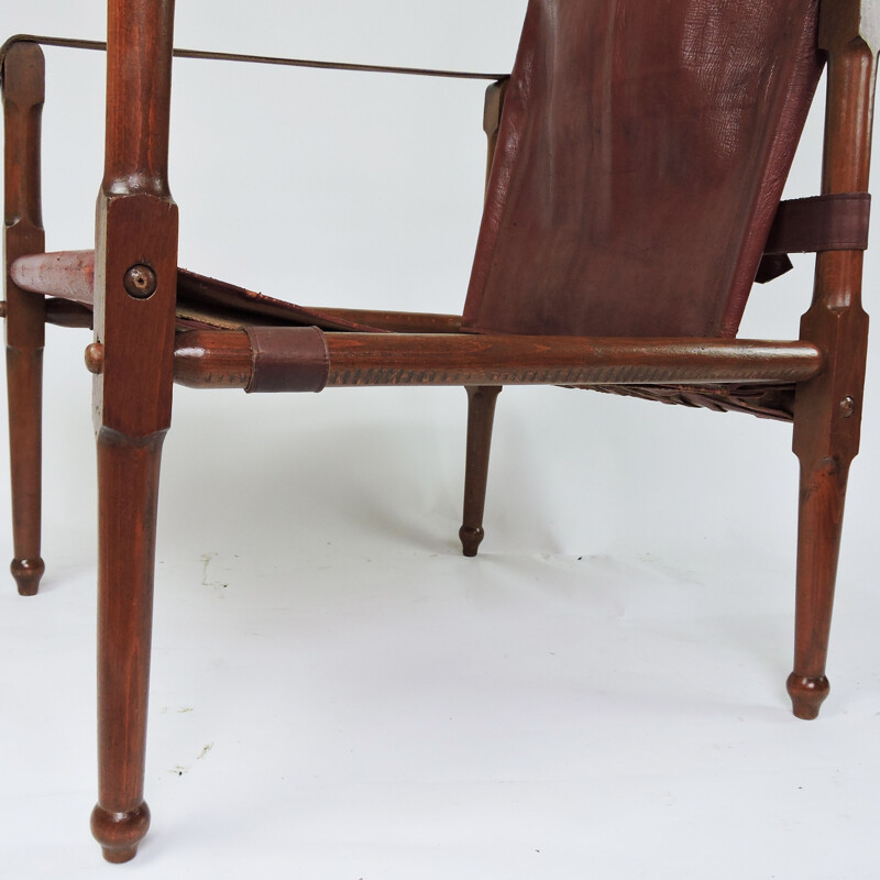 Vintage Leather and Wood Safari armchair, 1930s