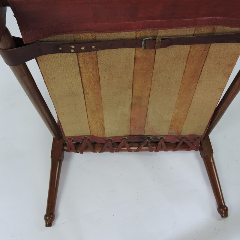 Vintage Leather and Wood Safari armchair, 1930s