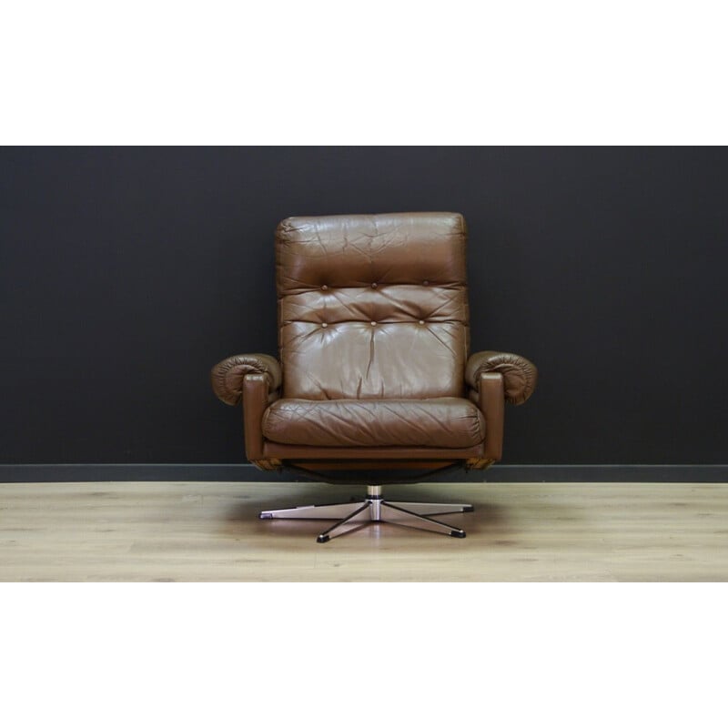 Vintage scandinavian brown leather vintage armchair with steel construction