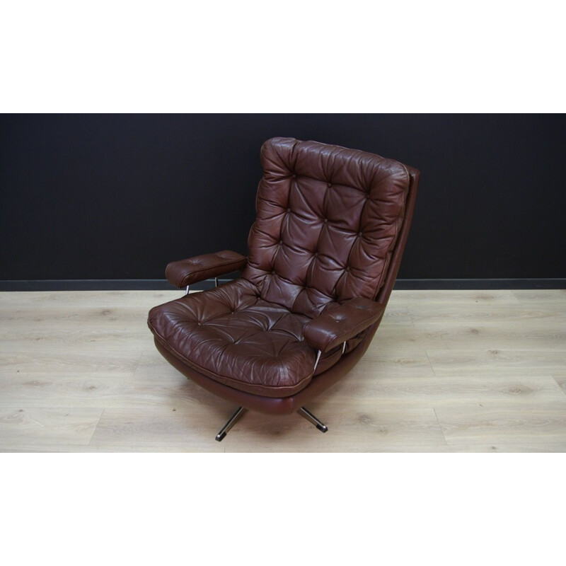 Fauteuil vintage scandinave en cuir brun et acier, 1970