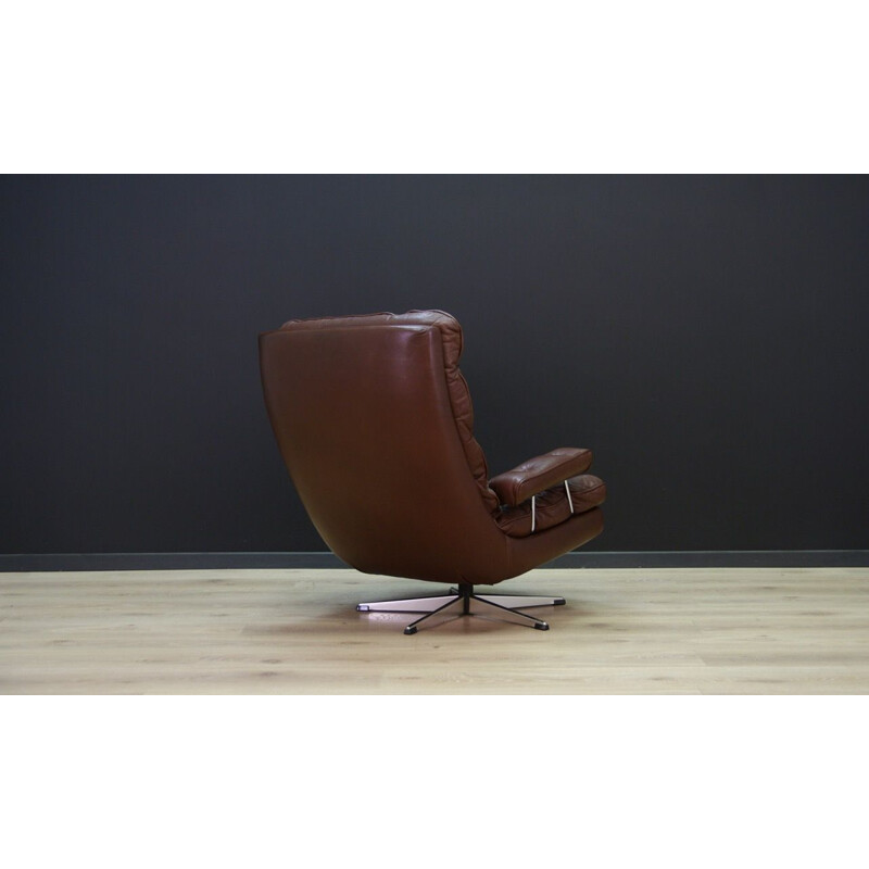 Fauteuil vintage scandinave en cuir brun et acier, 1970