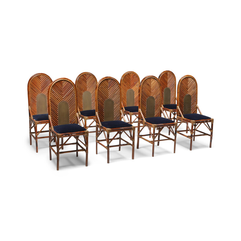 Set of 8 Vintage dining chair in bamboo, brass & blue velvet, 1970s