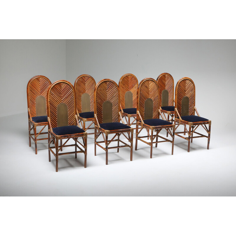 Lot de 8 Chaise à repas vintage en bambou, laiton et velours bleu,  1970