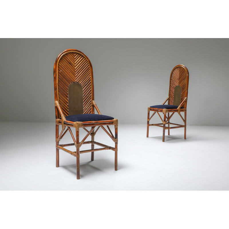 Set of 8 Vintage dining chair in bamboo, brass & blue velvet, 1970s