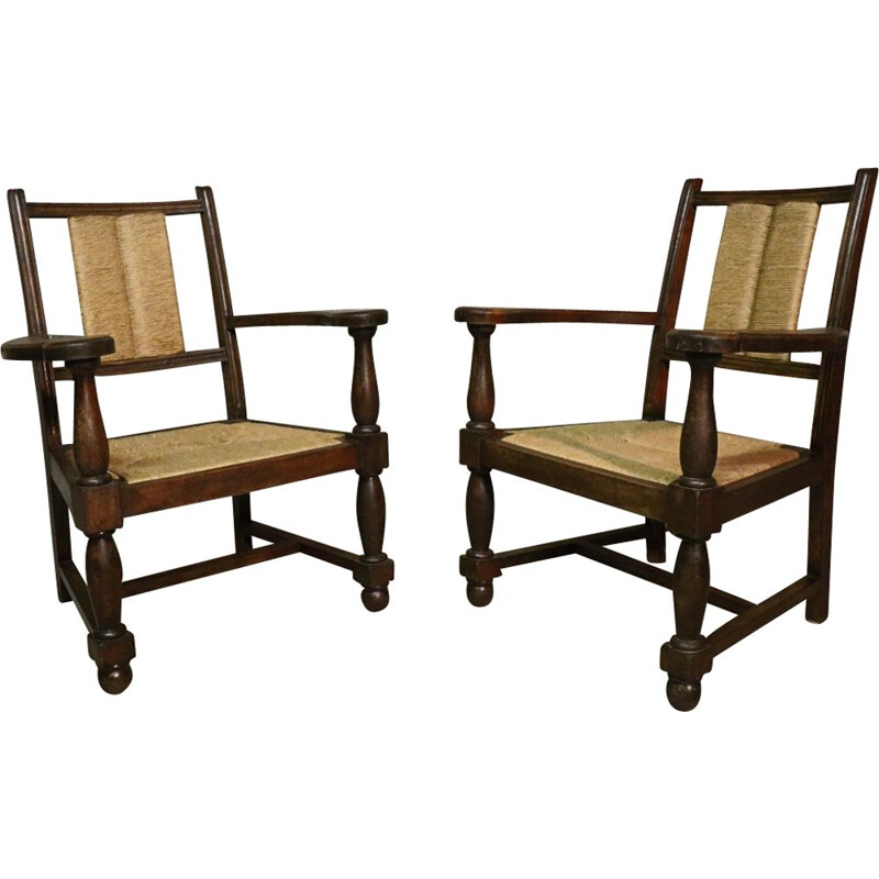 Pair of vintage armchairs in wood and straw 1940s