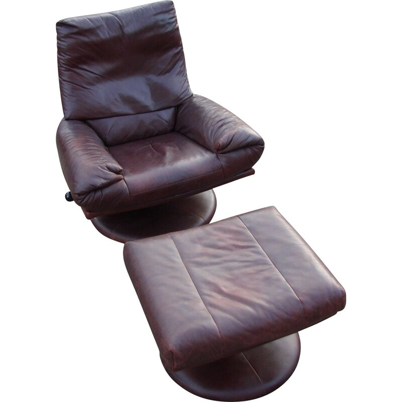 Vintage leather Rolf Benz armchair with footrest, 1970s