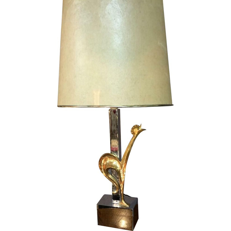 Vintage silver and gold bronze lamp with rooster 1950-1960