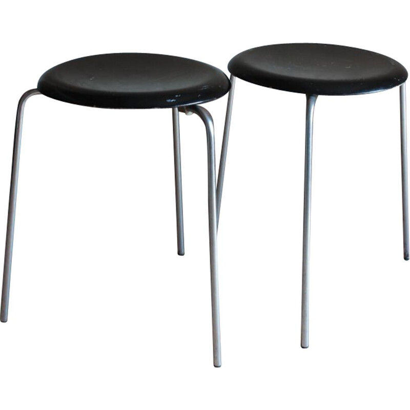 Pair of vintage tripod stools with chrome base and black seat by Jocobsen for Fritz Hansen