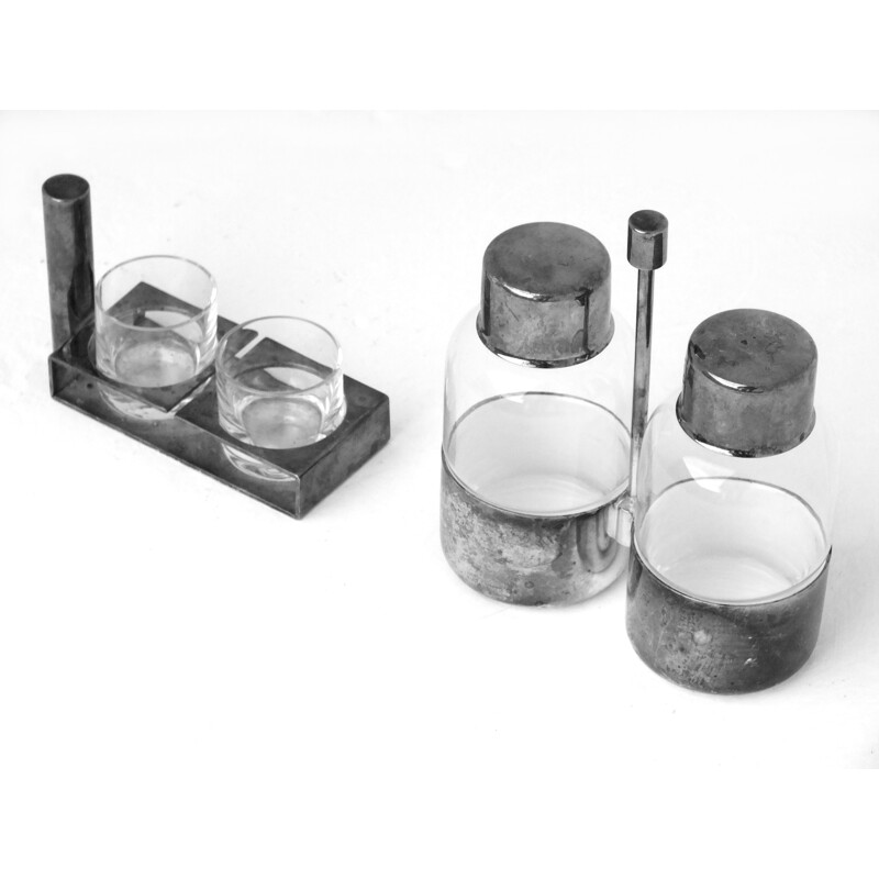 Set of vintage "you and me" silver plated shot glasses, 1930