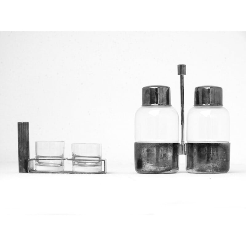 Ensemble de verres à liqueur vintage "toi et moi" en métal argenté, 1930