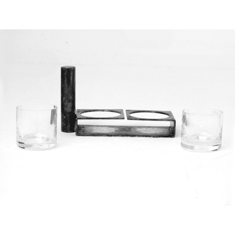 Set of vintage "you and me" silver plated shot glasses, 1930