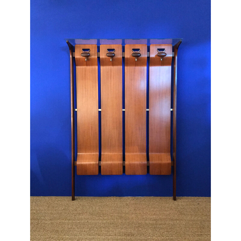 Vintage teak, brass and mahogany coat rack, 1950s