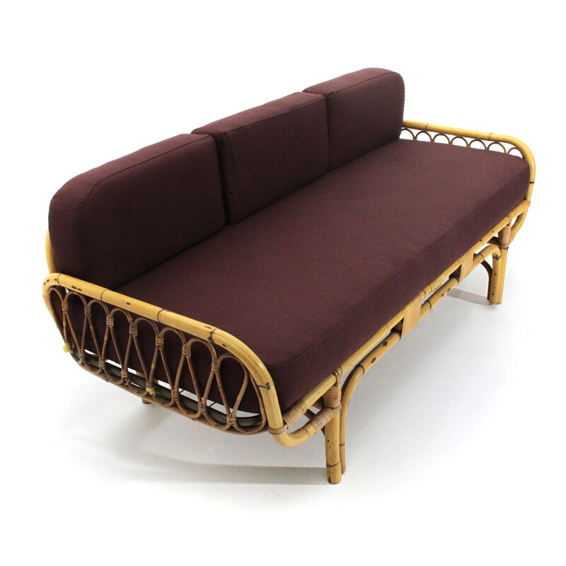 Vintage rattan and fabric sofa bed, 1950s