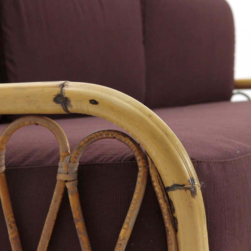 Vintage rattan and fabric sofa bed, 1950s