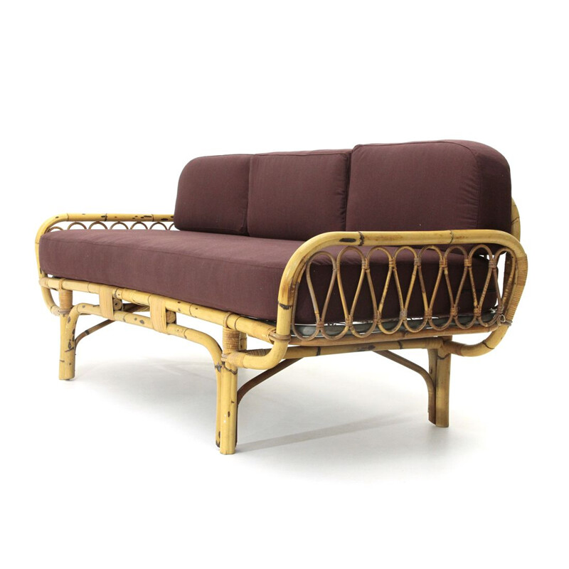 Vintage rattan and fabric sofa bed, 1950s