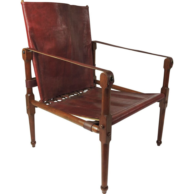 Vintage Leather and Wood Safari armchair, 1930s