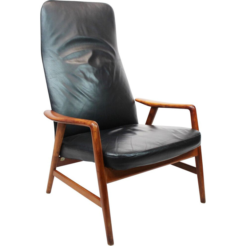 Vintage wood and black leather armchair by Alf Svensson and Fritz Hansen, 1960s