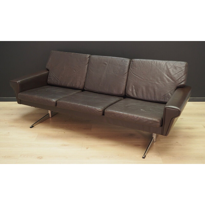 Canapé vintage en cuir brun et chrome, 1970-80