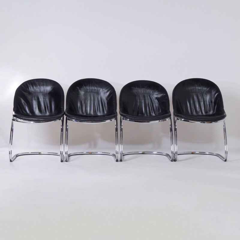 Set of 4 Vintage Dining Chairs in Black Leather, 1970s