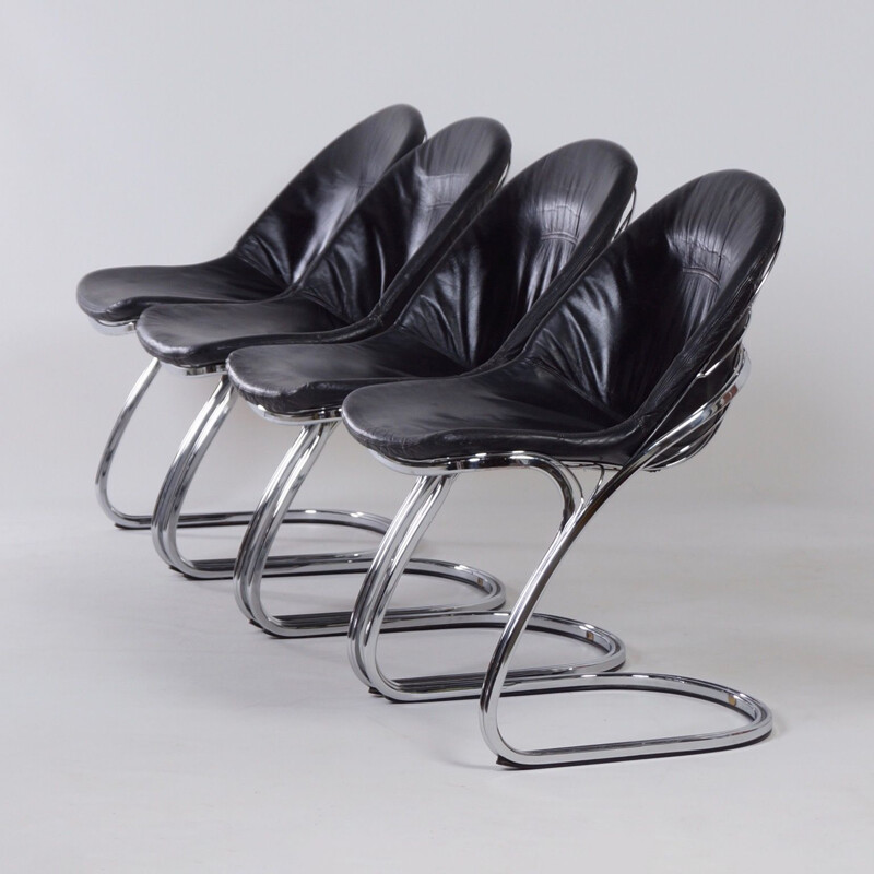 Set of 4 Vintage Dining Chairs in Black Leather, 1970s