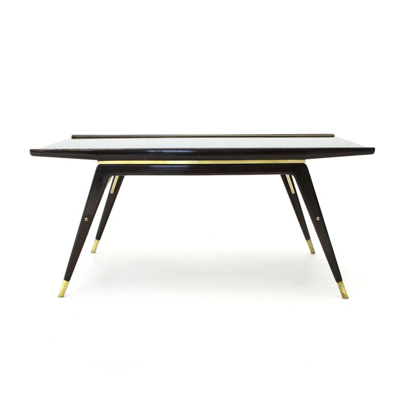 Vintage Ebonized wood, brass and black glass coffee table, 1940s