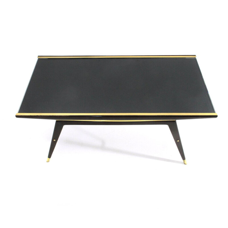 Vintage Ebonized wood, brass and black glass coffee table, 1940s