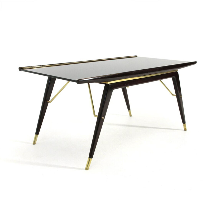 Vintage Ebonized wood, brass and black glass coffee table, 1940s