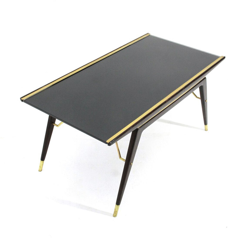 Vintage Ebonized wood, brass and black glass coffee table, 1940s