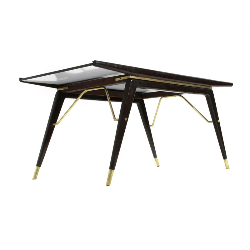 Vintage Ebonized wood, brass and black glass coffee table, 1940s