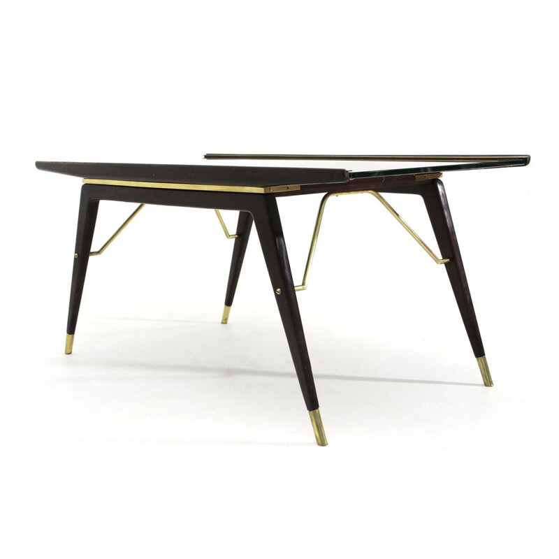 Vintage Ebonized wood, brass and black glass coffee table, 1940s